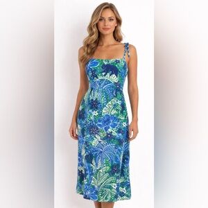 Rachel Zoe | Panther Tropical Linen Blend Midi Dress in Blue & Green, Size XL